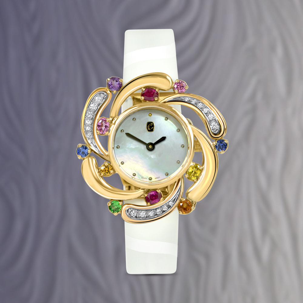 Ladies luxury solid gold watch set with  diamonds & colourful natural gems