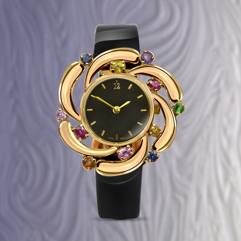 Ladies luxury solid gold watch set with colourful natural gems with black dial and band