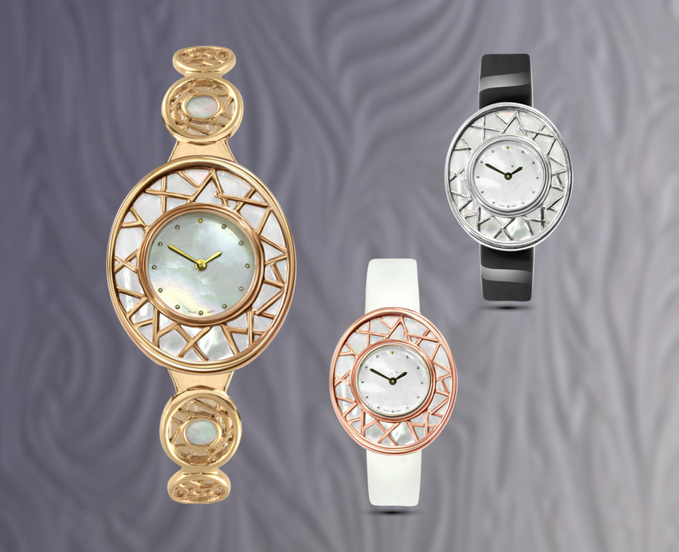 Luxury ladies watch, Yellow gold with south sea mother of pearl dial, details & solid gold band