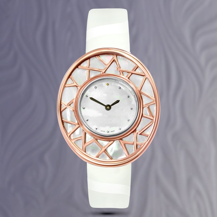 Luxury ladies watch, Rose gold with south sea mother of pearl dial, details & White band